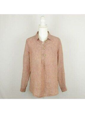 Sigrid Olsen Women's Medium Red Beige 100% Linen Popover Long Sleeve Blouse